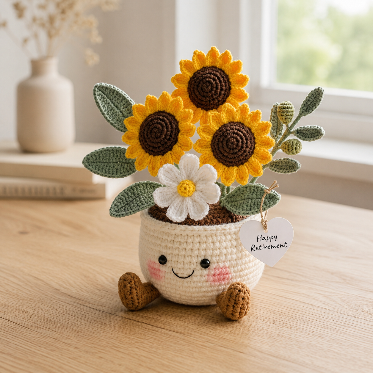 Handmade Crochet Sunflower Flower Pot – Retirement Gift & Home Decor