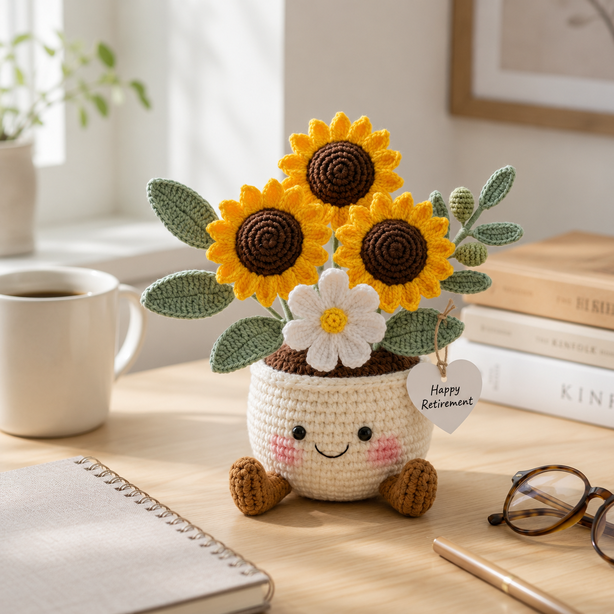 Handmade Crochet Sunflower Flower Pot – Retirement Gift & Home Decor