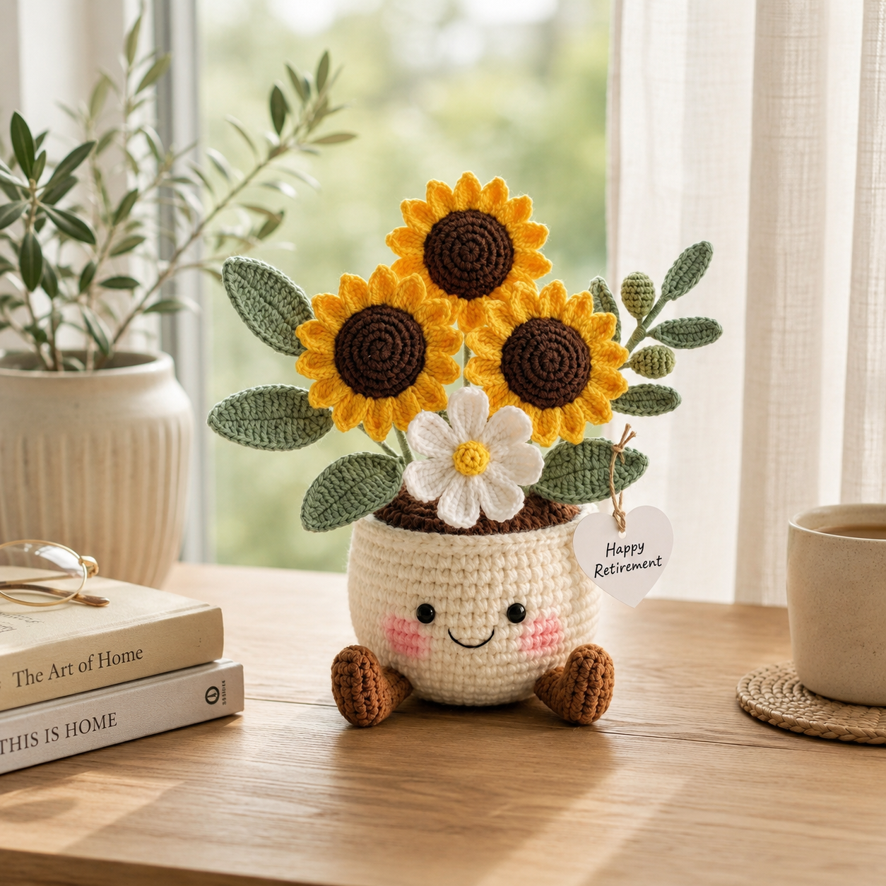 Handmade Crochet Sunflower Flower Pot – Retirement Gift & Home Decor