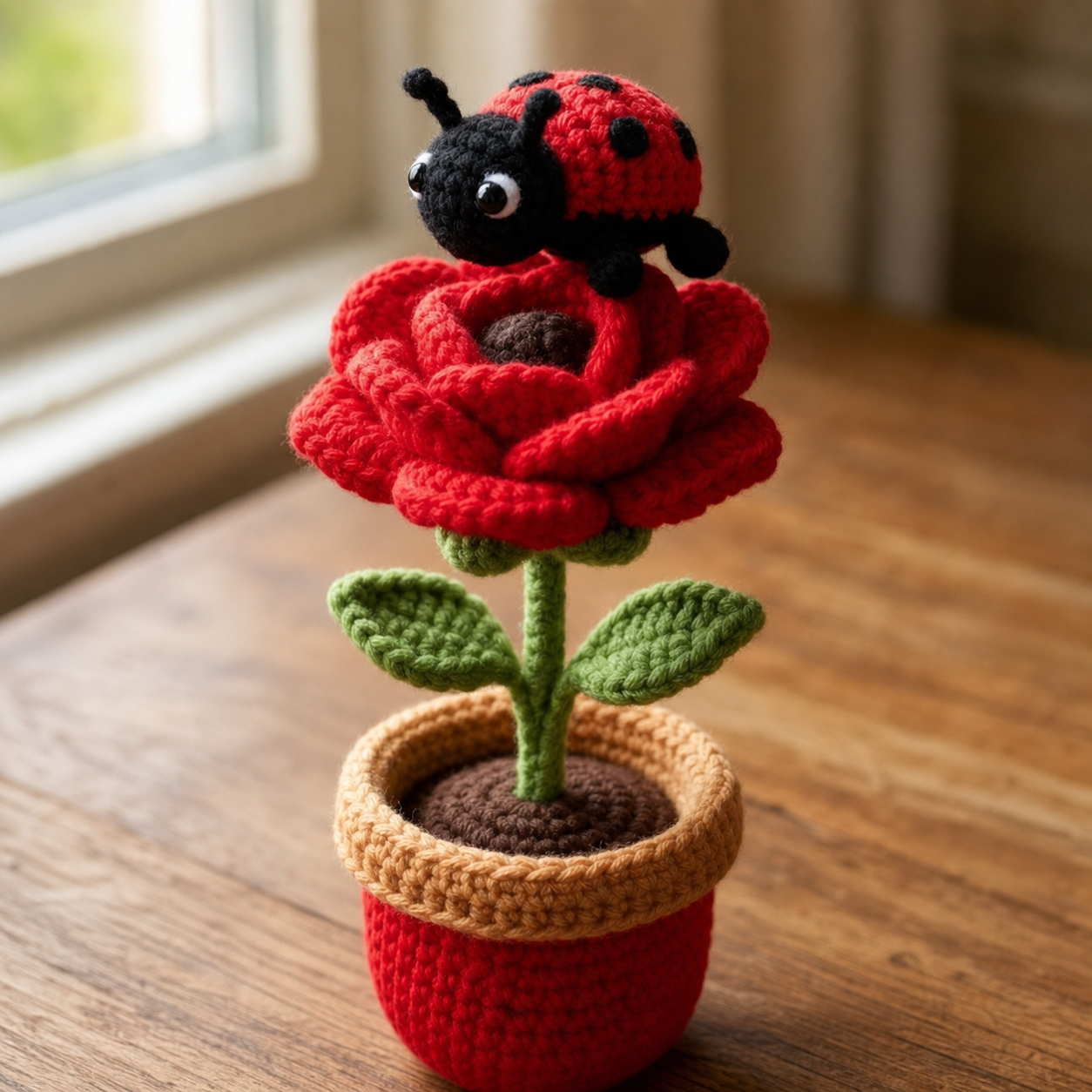 Handmade Crochet Rose Flower Pot with Ladybug – Cute Desk Decor