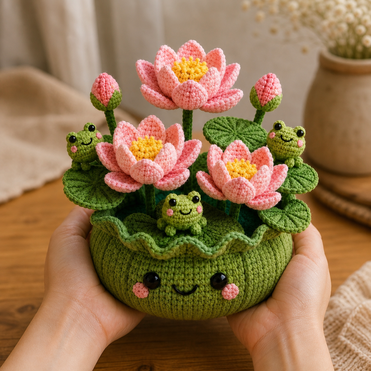 Handmade Crochet Lotus Flower Pot with Frogs – Zen Desk Decor