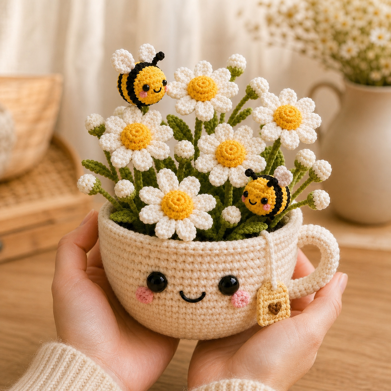 Handmade Crochet Daisy Cup with Bees – Floral Desk Decor