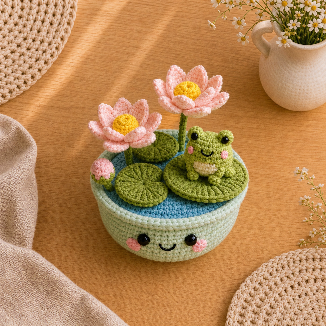 Handmade Crochet Frog With Lotus Flower Pot – Woodland Desk Decor