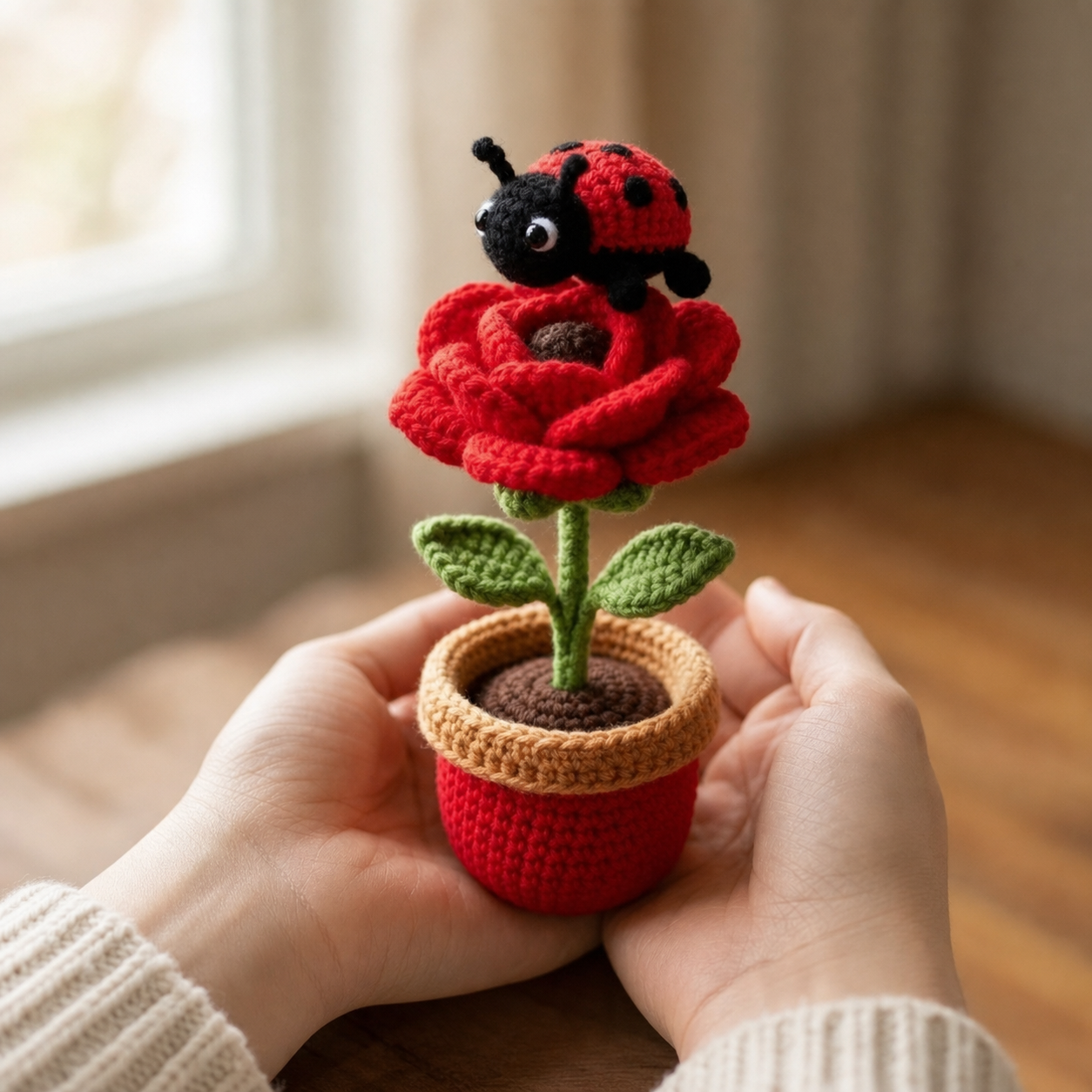 Handmade Crochet Rose Flower Pot with Ladybug – Cute Desk Decor