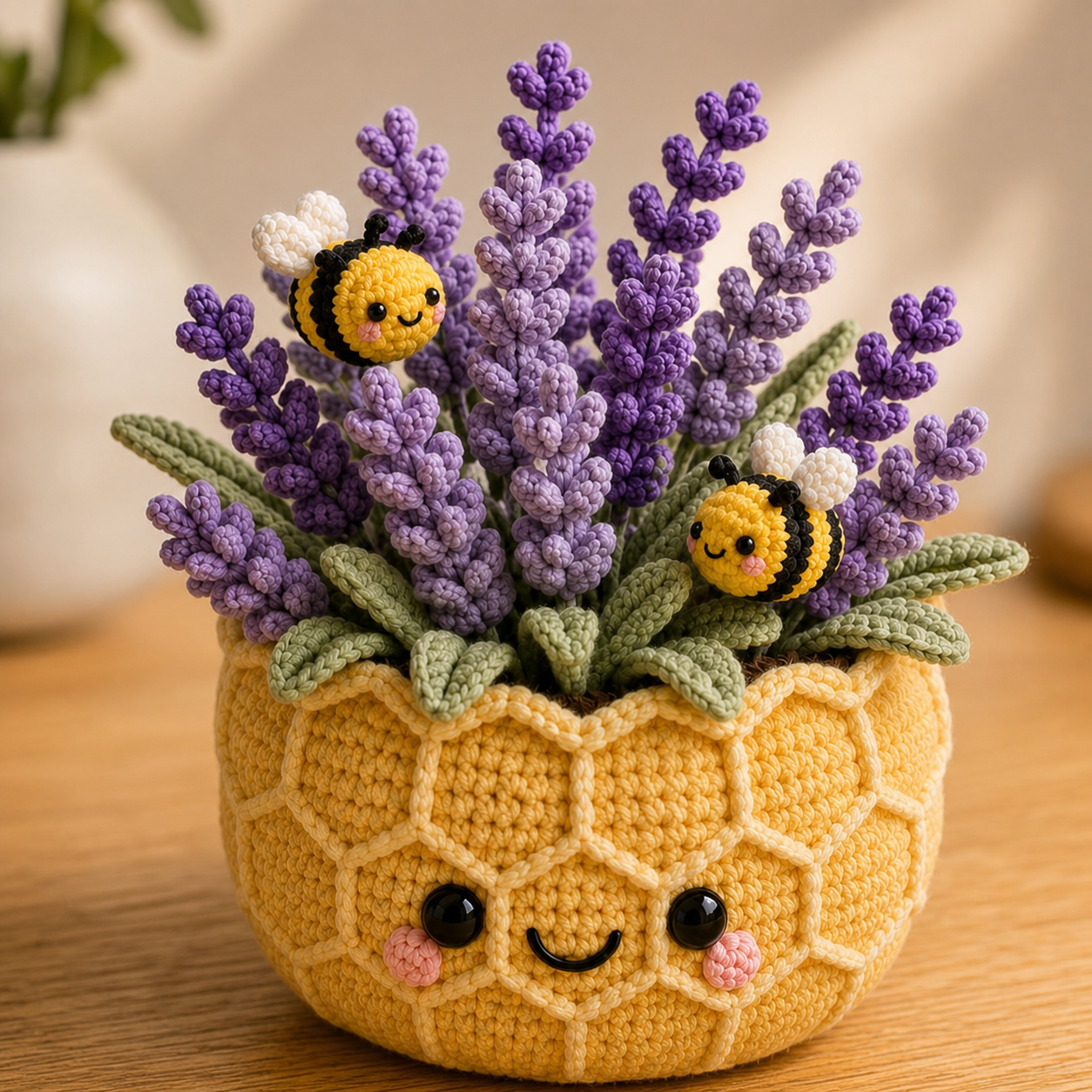 Handmade Crochet Lavender Pot with Bees – Honeycomb Floral Decor