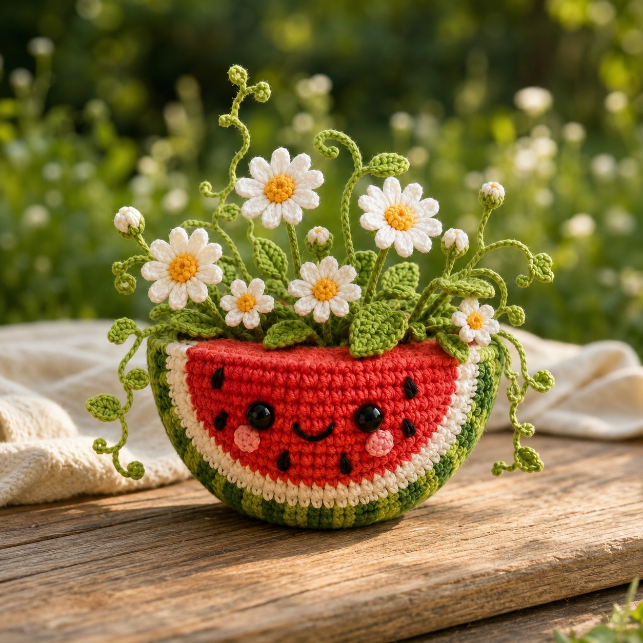 Handmade Crochet Watermelon Flower Pot – Daisy Summer Desk Decor