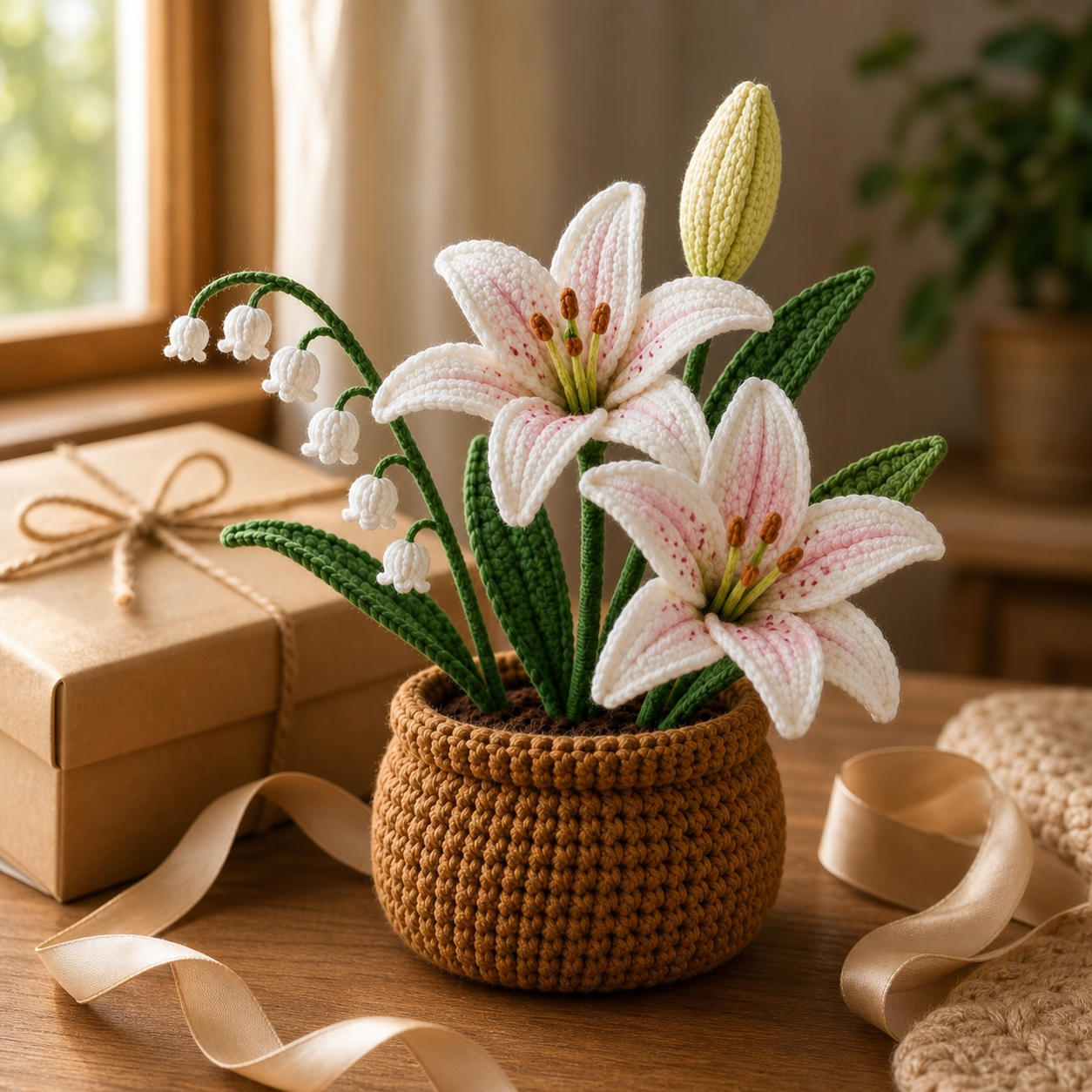 Handmade Crochet Lily & Lily of the Valley Flower Pot – Thinking of You Gift