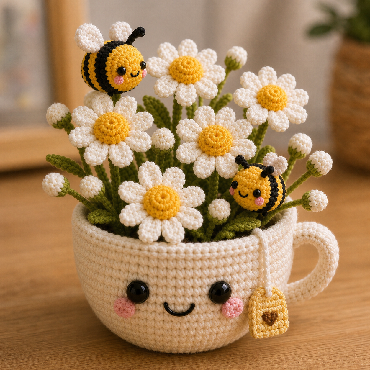 Handmade Crochet Daisy Cup with Bees – Floral Desk Decor