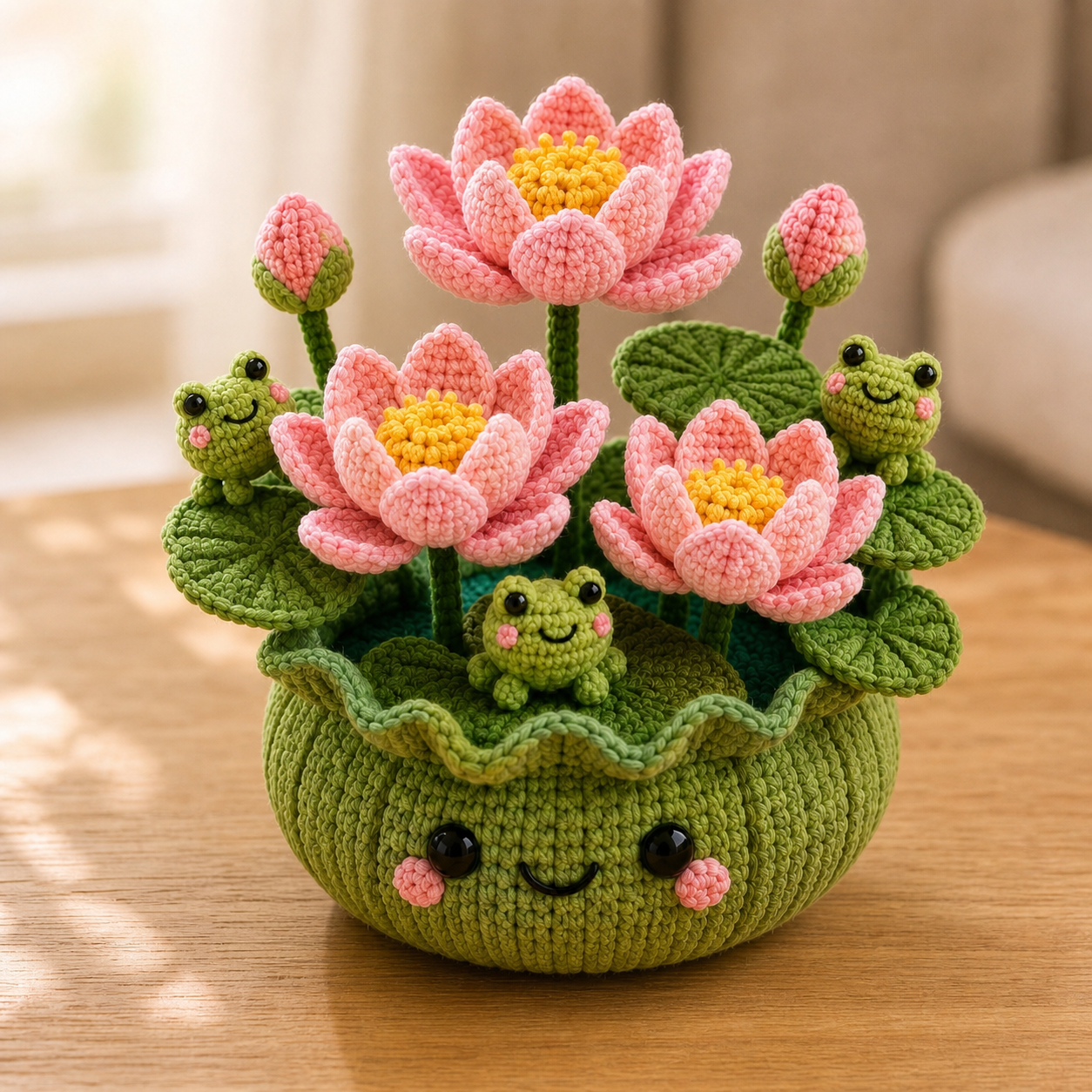 Handmade Crochet Lotus Flower Pot with Frogs – Zen Desk Decor
