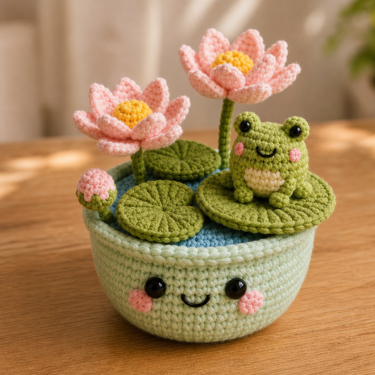 Handmade Crochet Frog With Lotus Flower Pot – Woodland Desk Decor