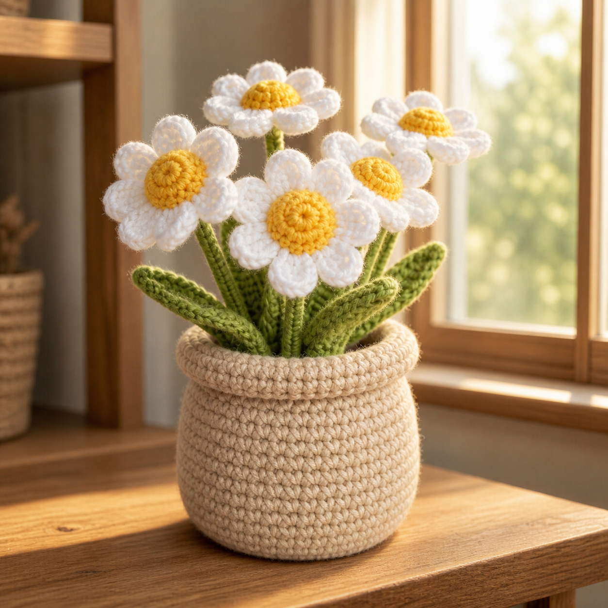 Handmade Crochet Daisy Flower Pot – Housewarming Desk Decor