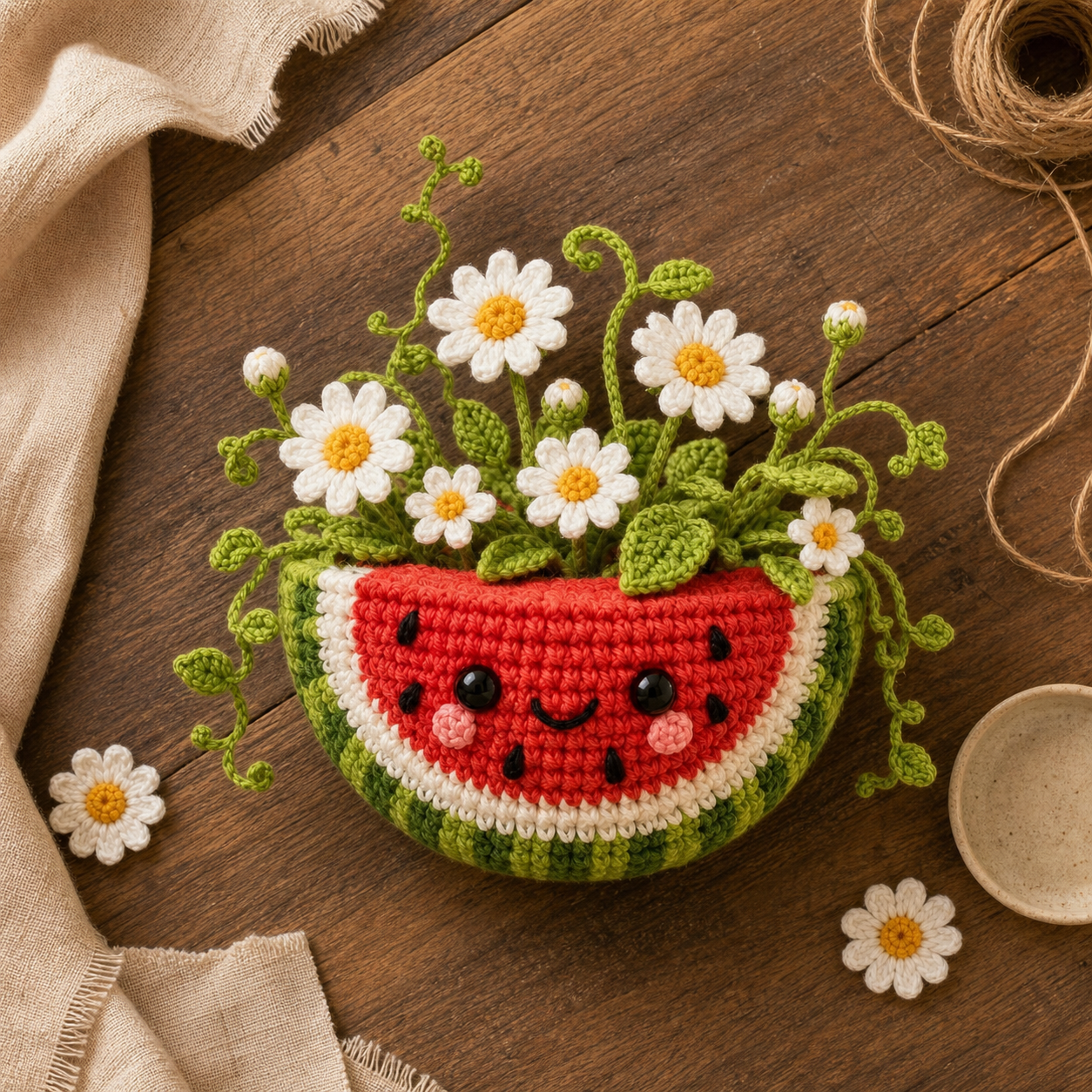 Handmade Crochet Watermelon Flower Pot – Daisy Summer Desk Decor