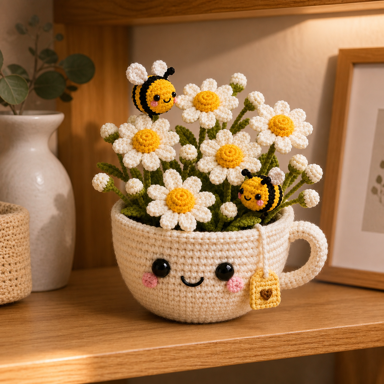 Handmade Crochet Daisy Cup with Bees – Floral Desk Decor