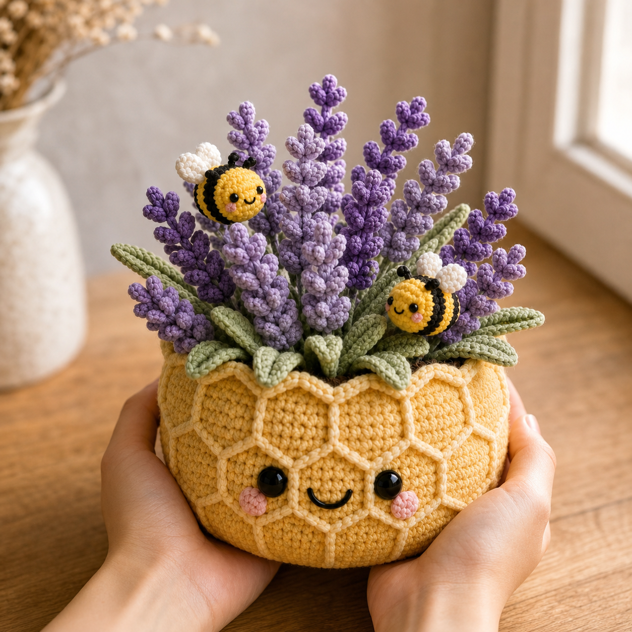 Handmade Crochet Lavender Pot with Bees – Honeycomb Floral Decor
