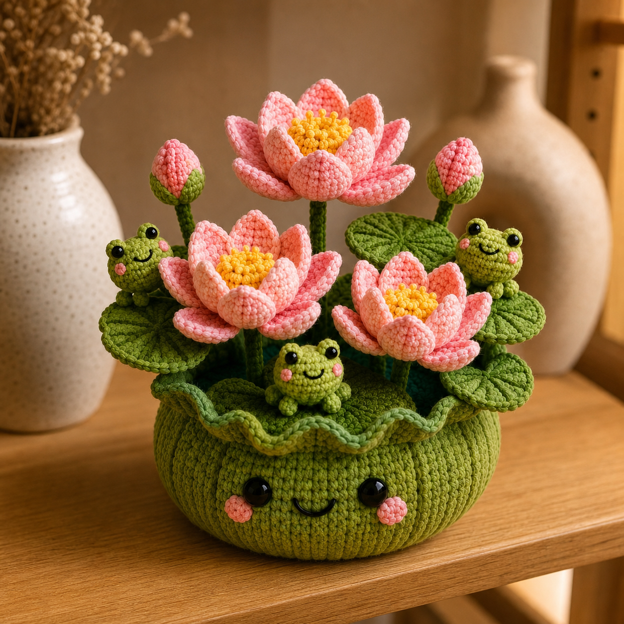 Handmade Crochet Lotus Flower Pot with Frogs – Zen Desk Decor