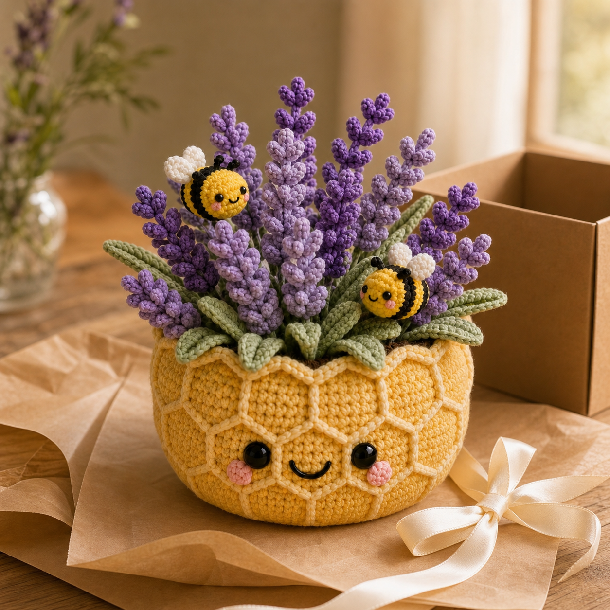 Handmade Crochet Lavender Pot with Bees – Honeycomb Floral Decor