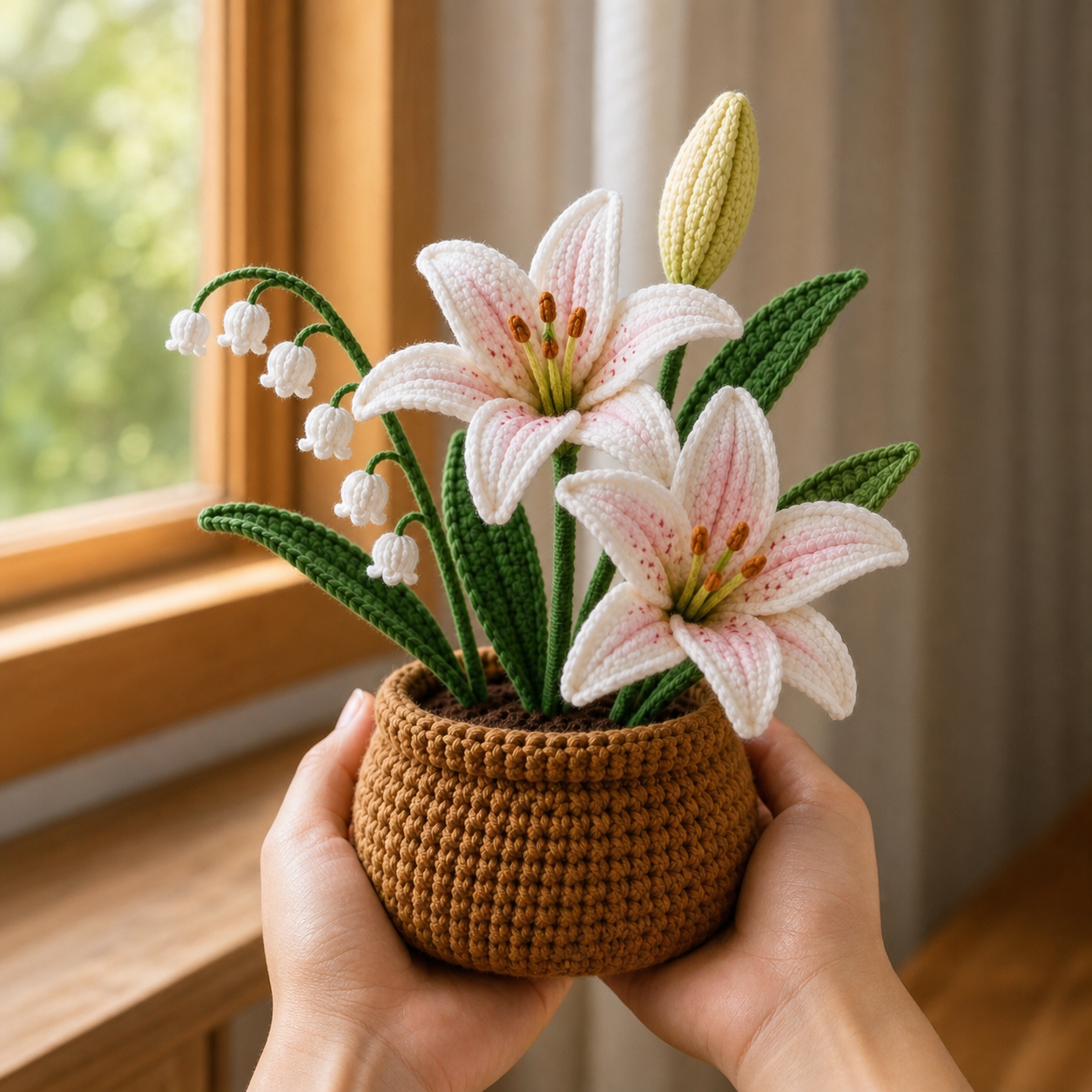 Handmade Crochet Lily & Lily of the Valley Flower Pot – Thinking of You Gift
