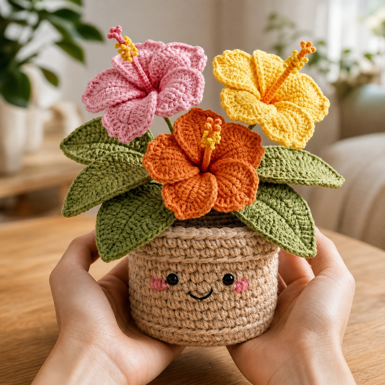 Handmade Crochet Protea & Daisy Flower Pot – Happy Desk Decor