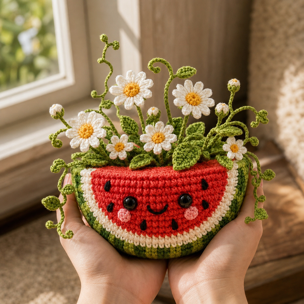 Handmade Crochet Watermelon Flower Pot – Daisy Summer Desk Decor