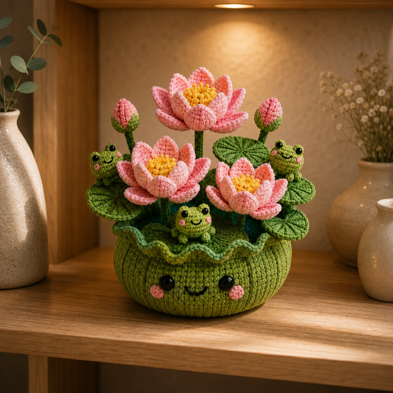 Handmade Crochet Lotus Flower Pot with Frogs – Zen Desk Decor