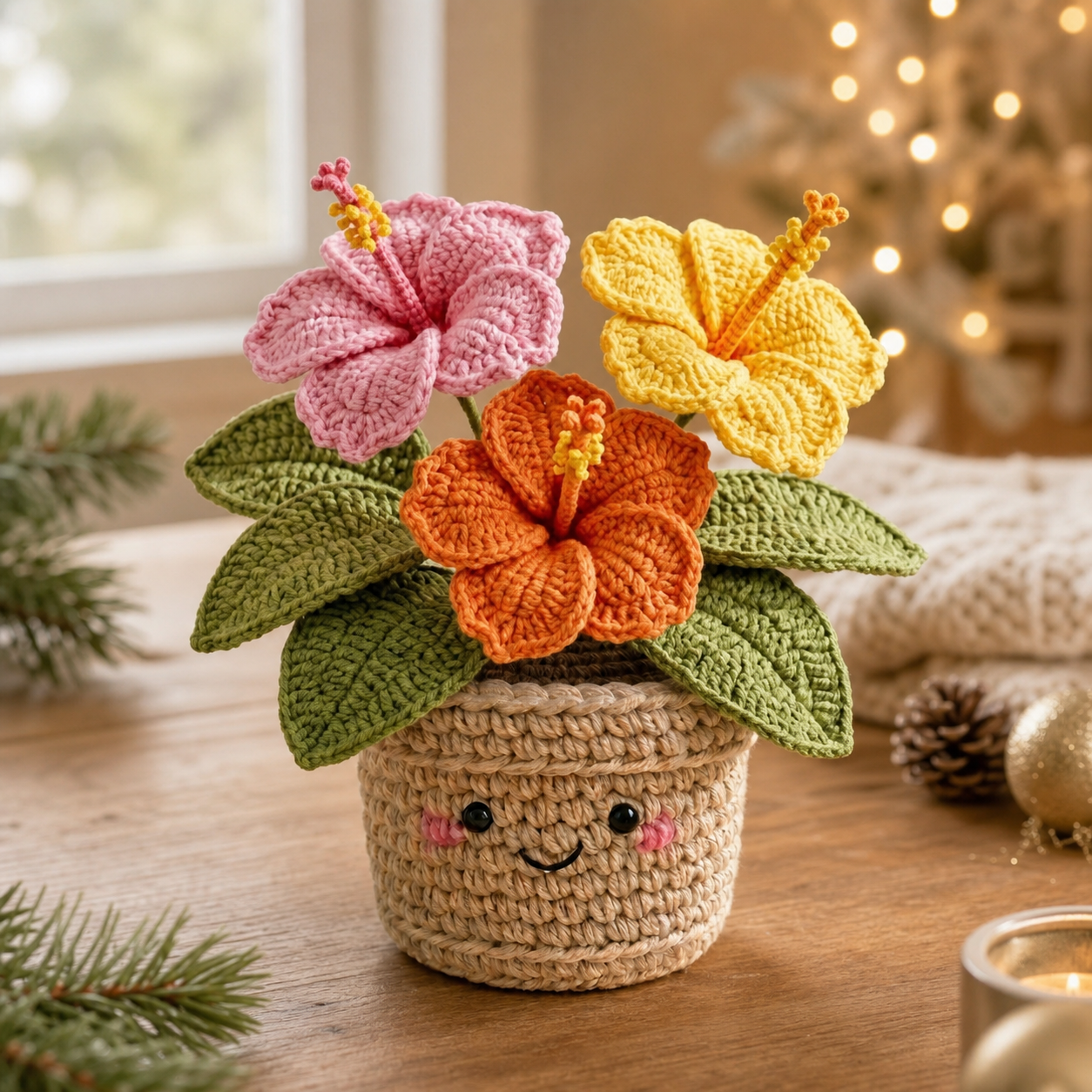 Handmade Crochet Protea & Daisy Flower Pot – Happy Desk Decor
