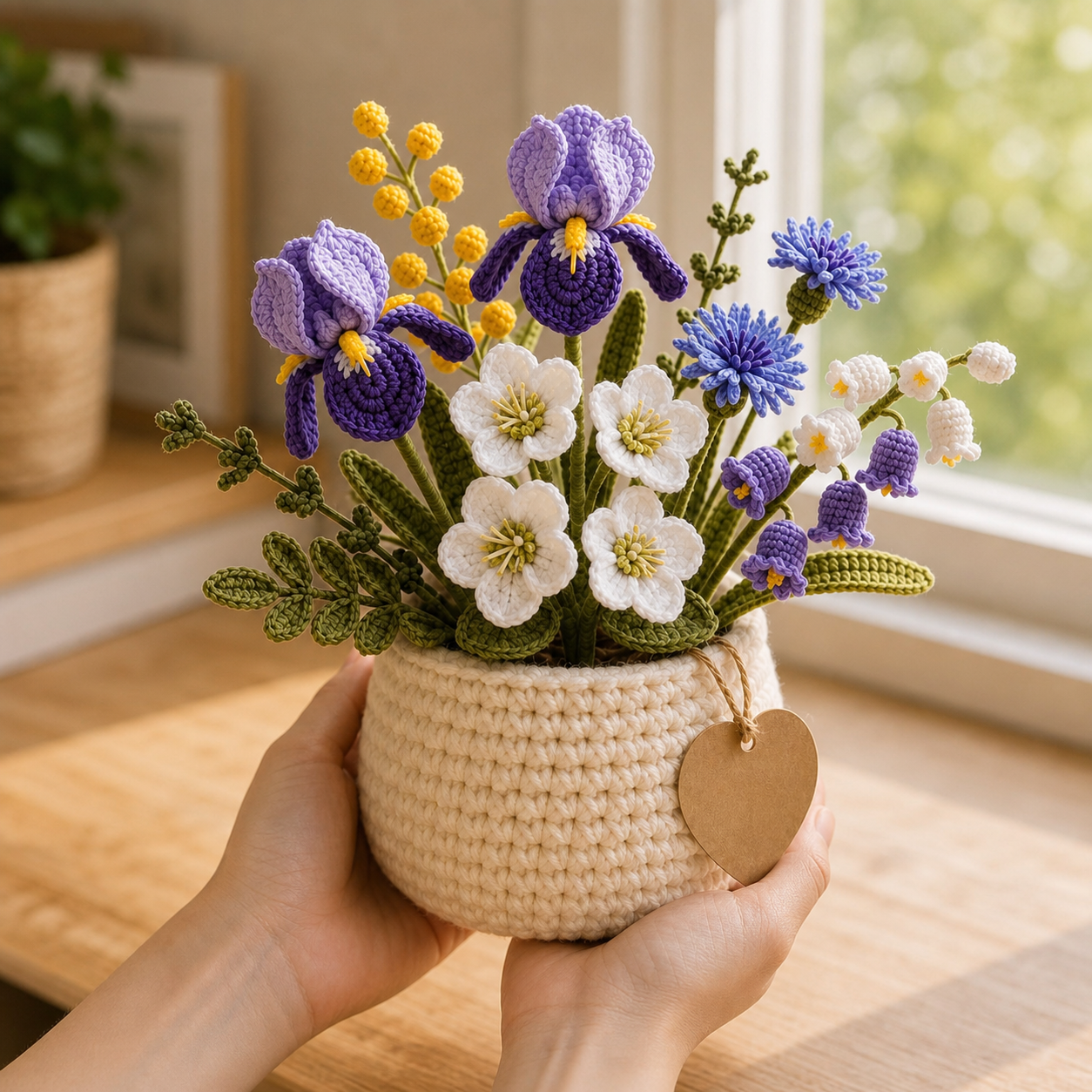 Handmade Crochet Iris, Lily & Lily of the Valley Flower Pot