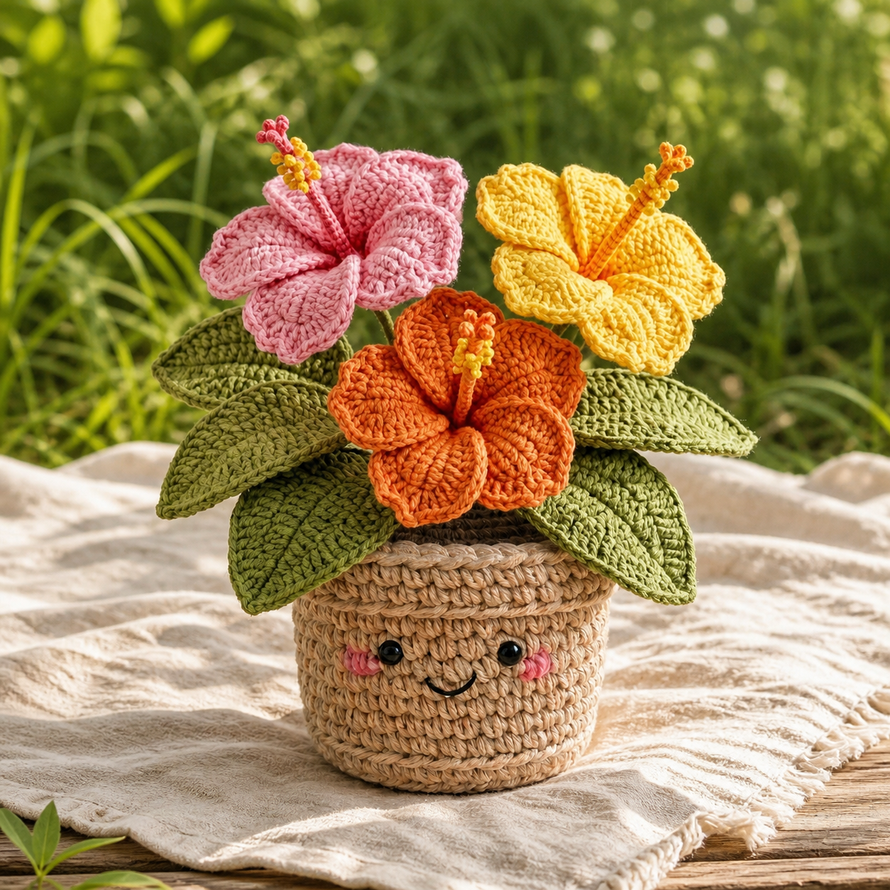 Handmade Crochet Protea & Daisy Flower Pot – Happy Desk Decor
