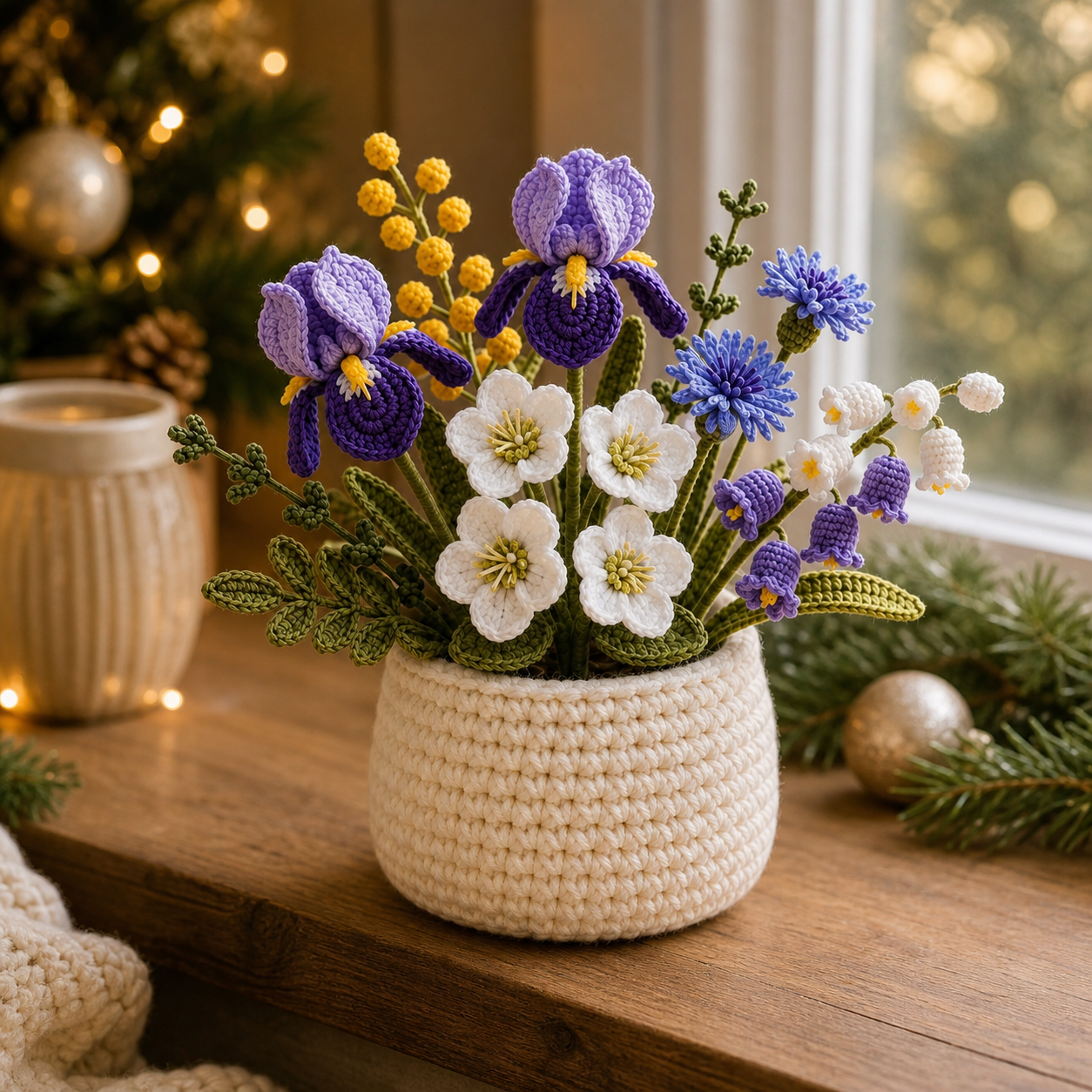 Handmade Crochet Iris, Lily & Lily of the Valley Flower Pot