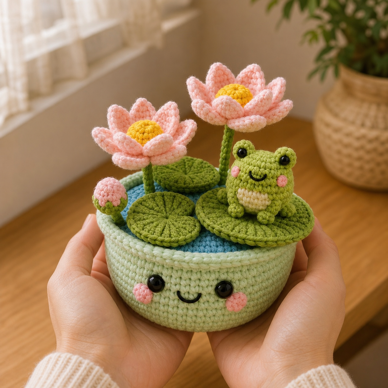 Handmade Crochet Frog With Lotus Flower Pot – Woodland Desk Decor
