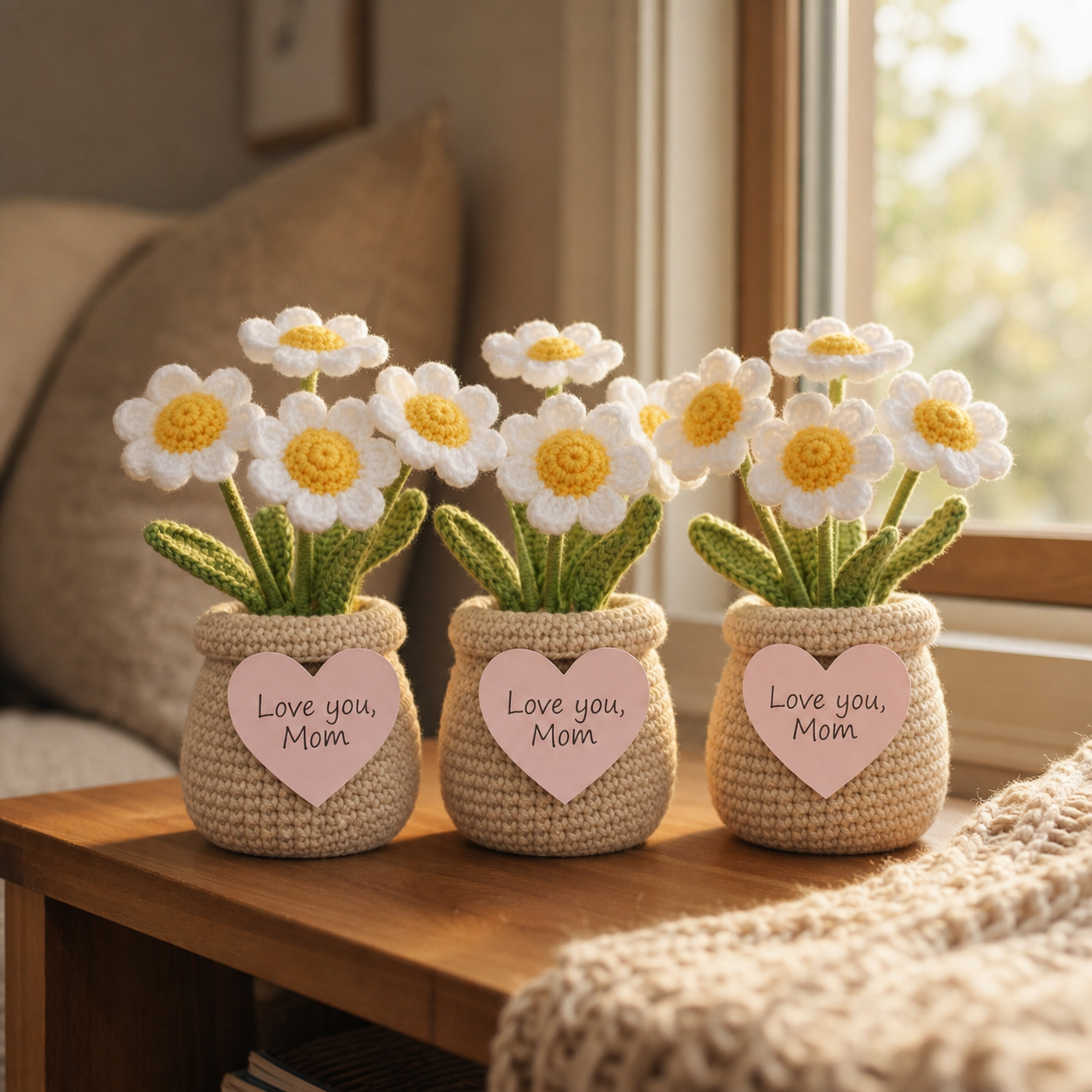 Handmade Crochet Daisy Flower Pot – Housewarming Desk Decor