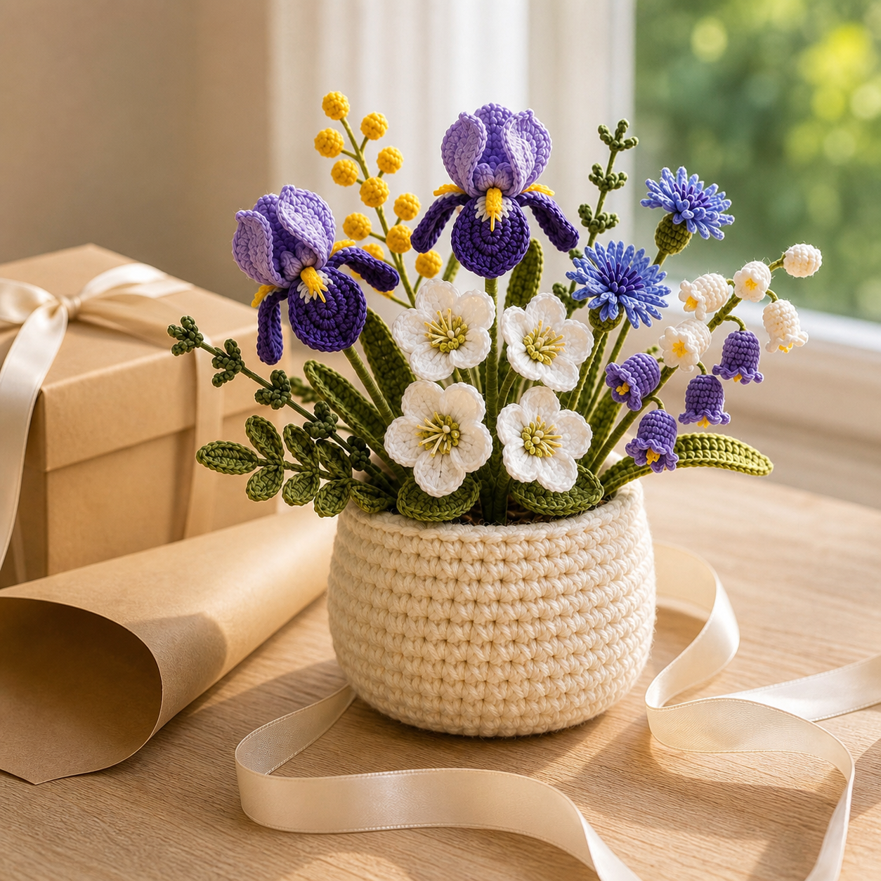 Handmade Crochet Iris, Lily & Lily of the Valley Flower Pot