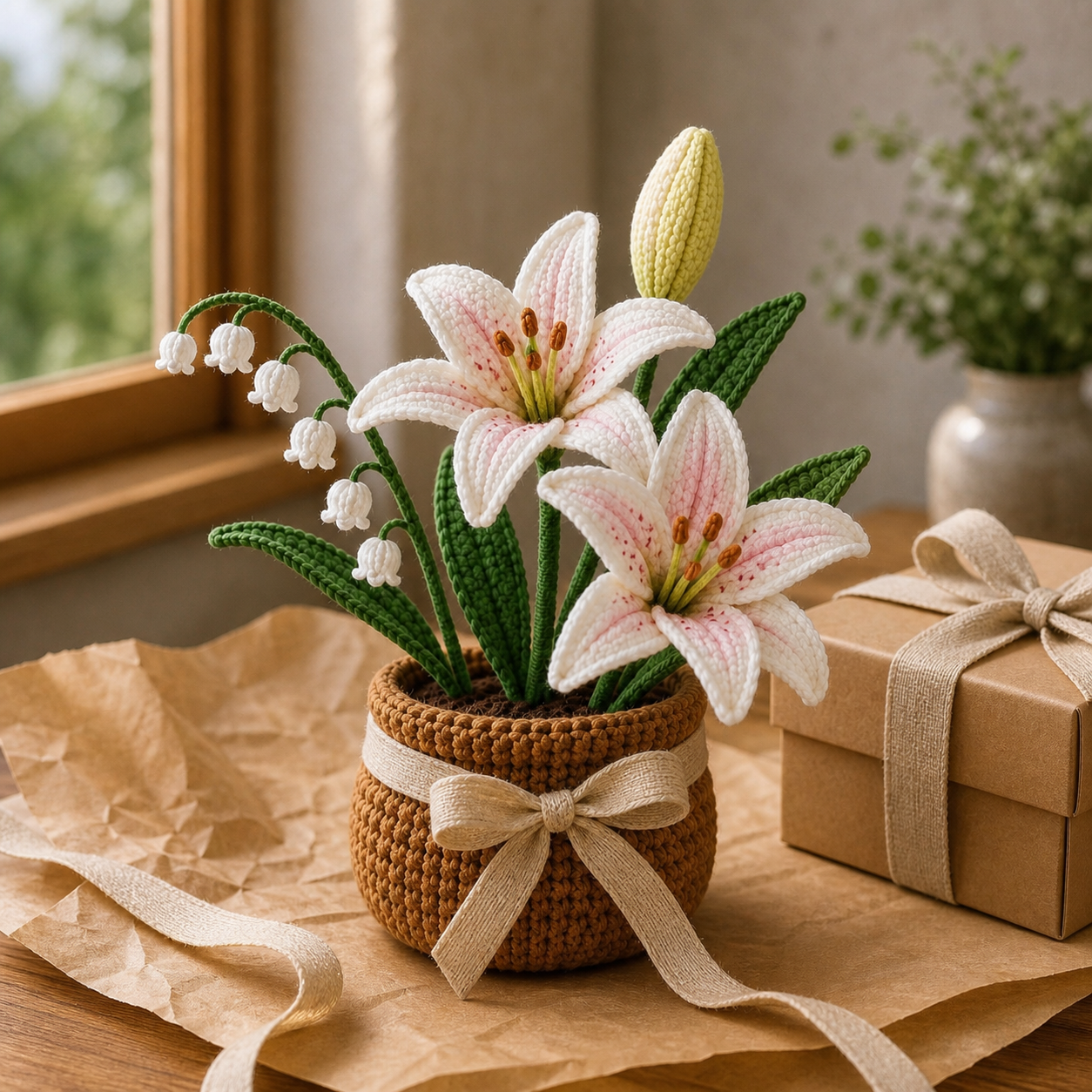 Handmade Crochet Lily & Lily of the Valley Flower Pot – Thinking of You Gift