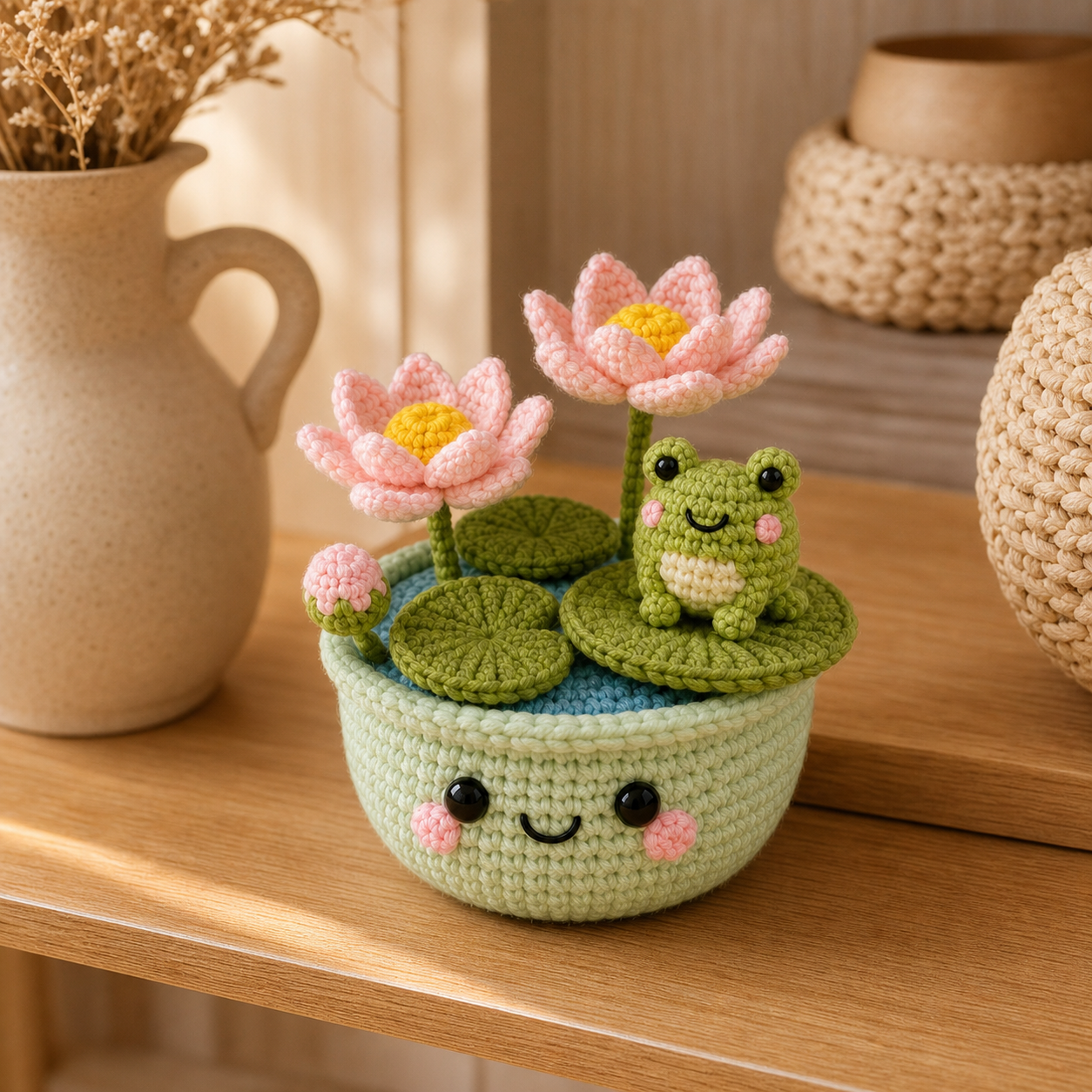 Handmade Crochet Frog With Lotus Flower Pot – Woodland Desk Decor