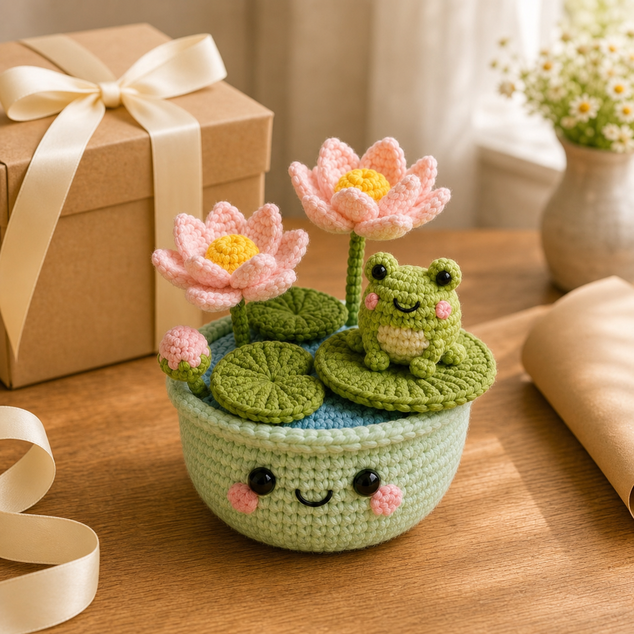 Handmade Crochet Frog With Lotus Flower Pot – Woodland Desk Decor