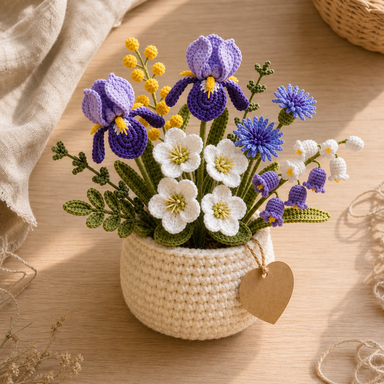 Handmade Crochet Iris, Lily & Lily of the Valley Flower Pot