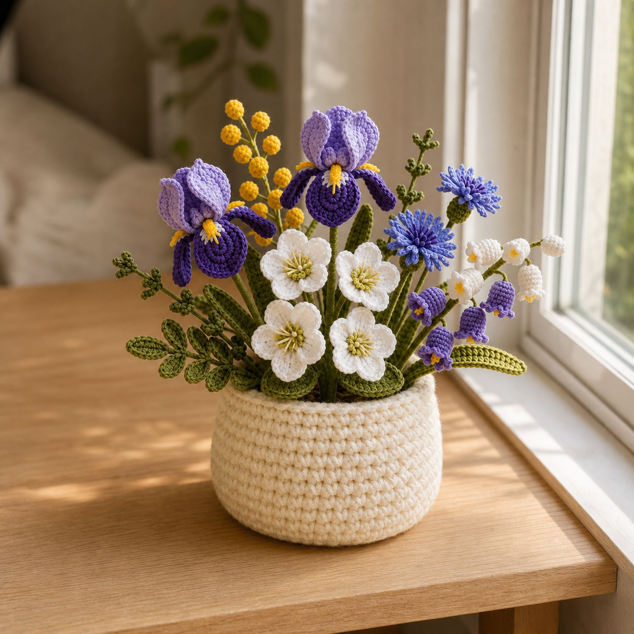 Handmade Crochet Iris, Lily & Lily of the Valley Flower Pot