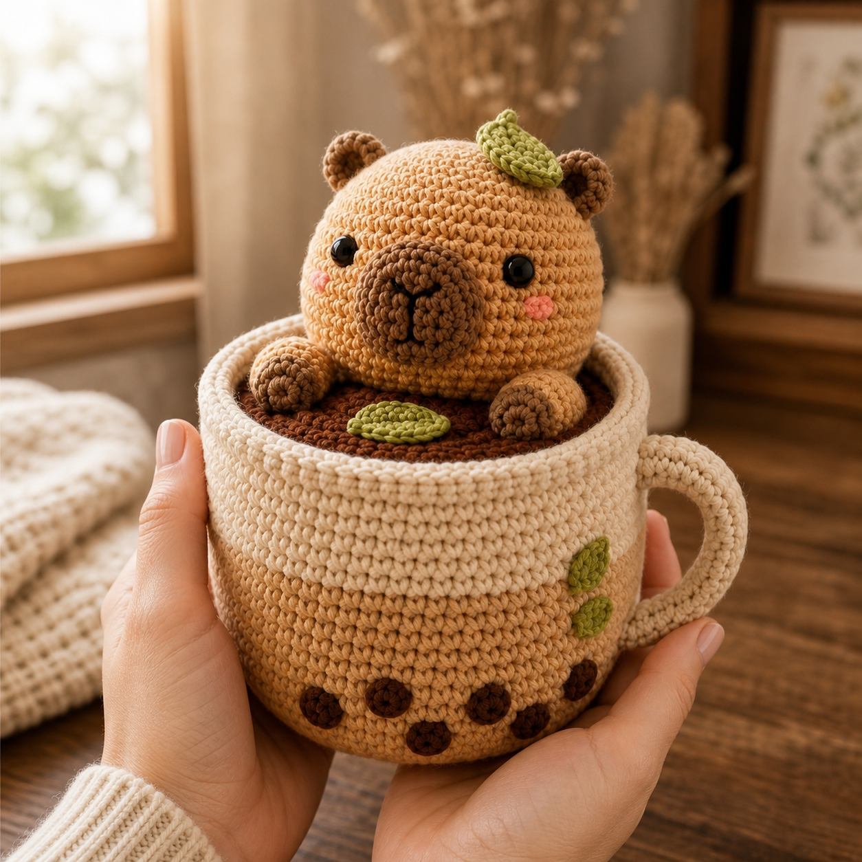 Handmade Crochet Capybara in Teacup – Cozy Amigurumi Desk Decor