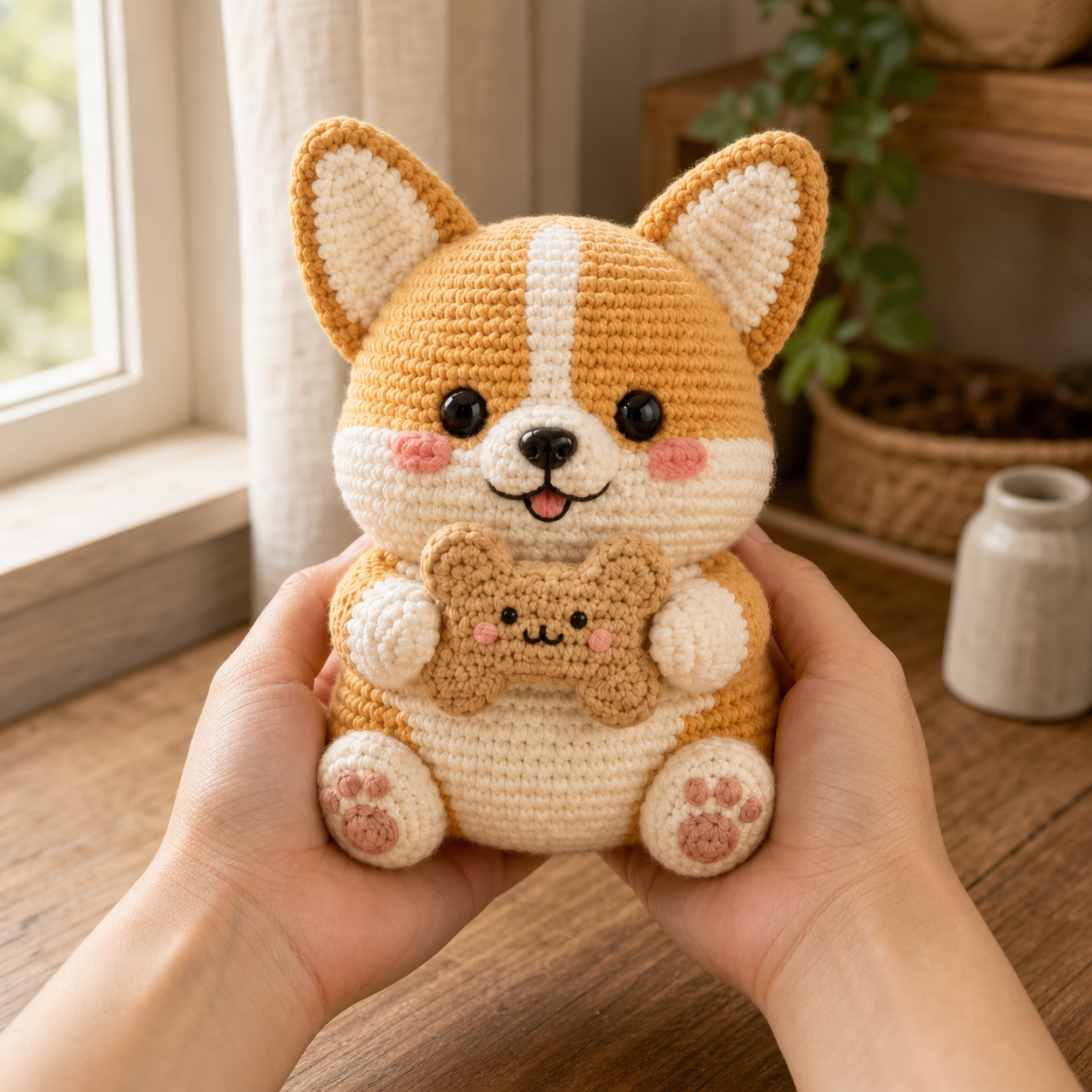 Handmade Crochet Corgi with Bone Cookie – Cute Amigurumi Plush Gift