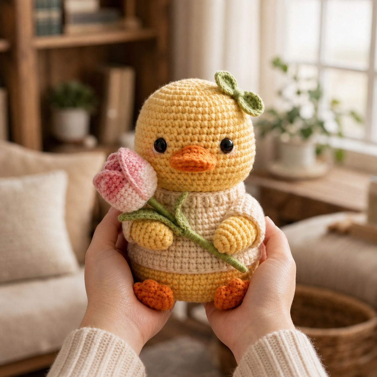 Handmade Crochet Duck with Tulip Flower – Cute Amigurumi Desk Decor