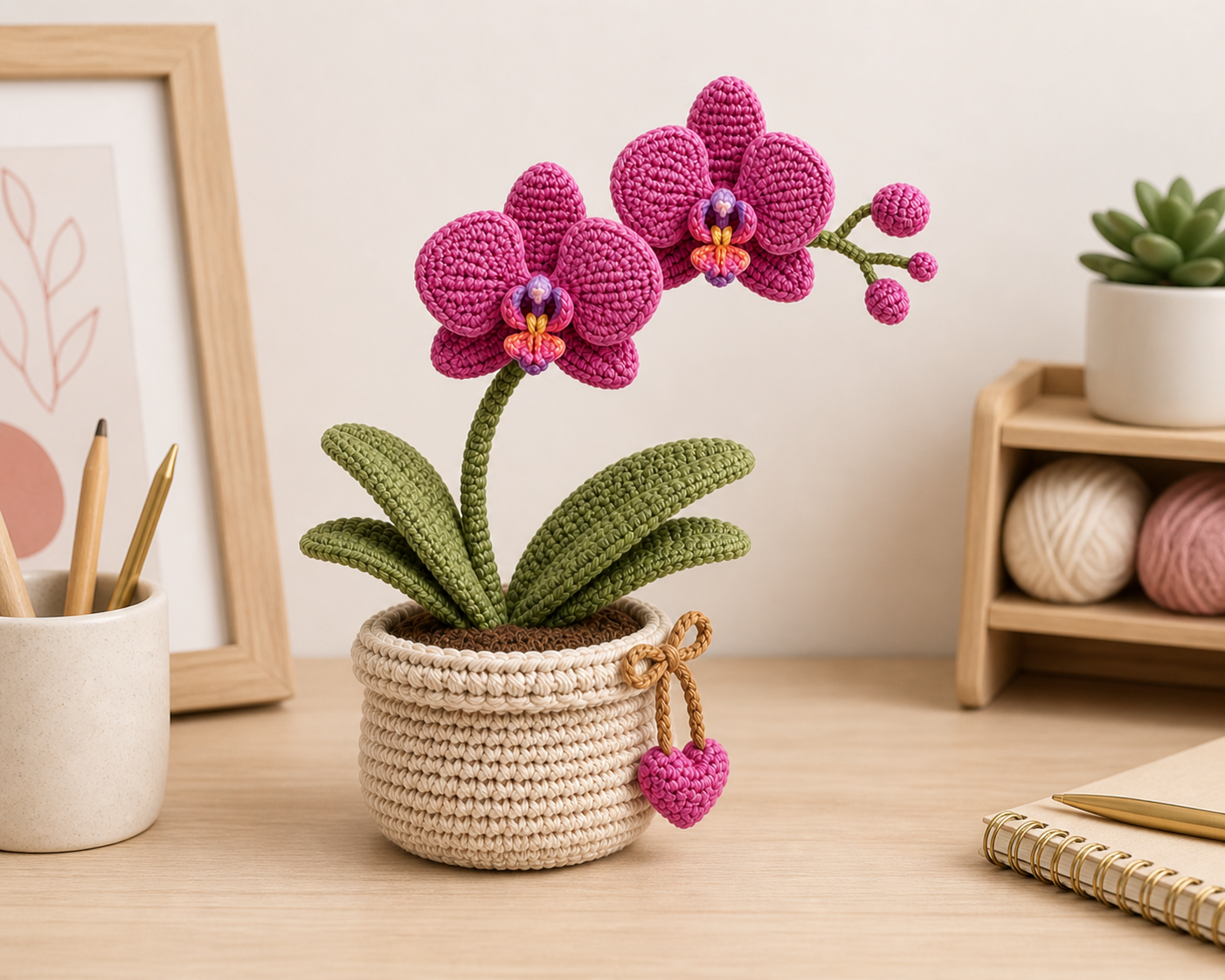 Crochet Orchid Plant in Pot – Handmade Desk Decor Gift