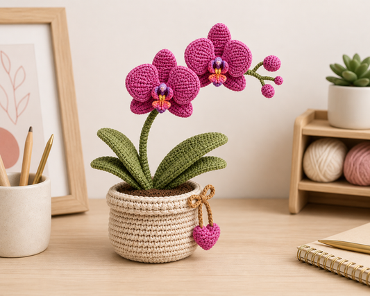 Crochet Orchid Plant in Pot – Handmade Desk Decor Gift