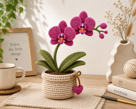 Crochet Orchid Plant in Pot – Handmade Desk Decor Gift