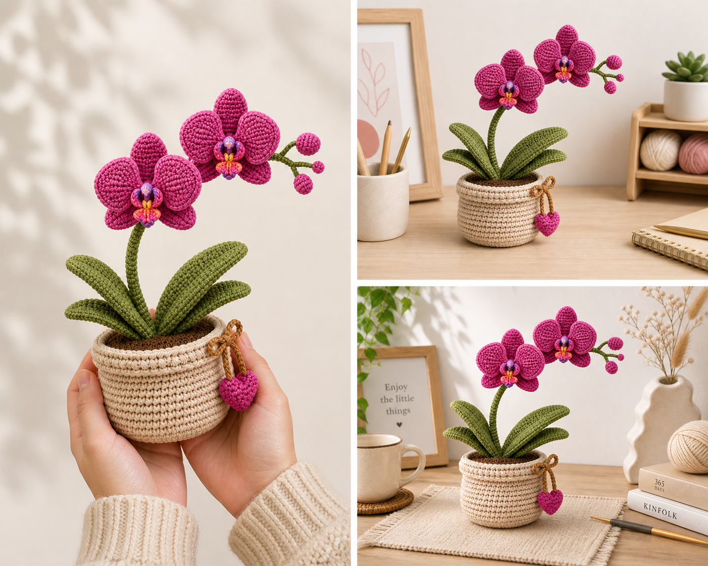 Crochet Orchid Plant in Pot – Handmade Desk Decor Gift