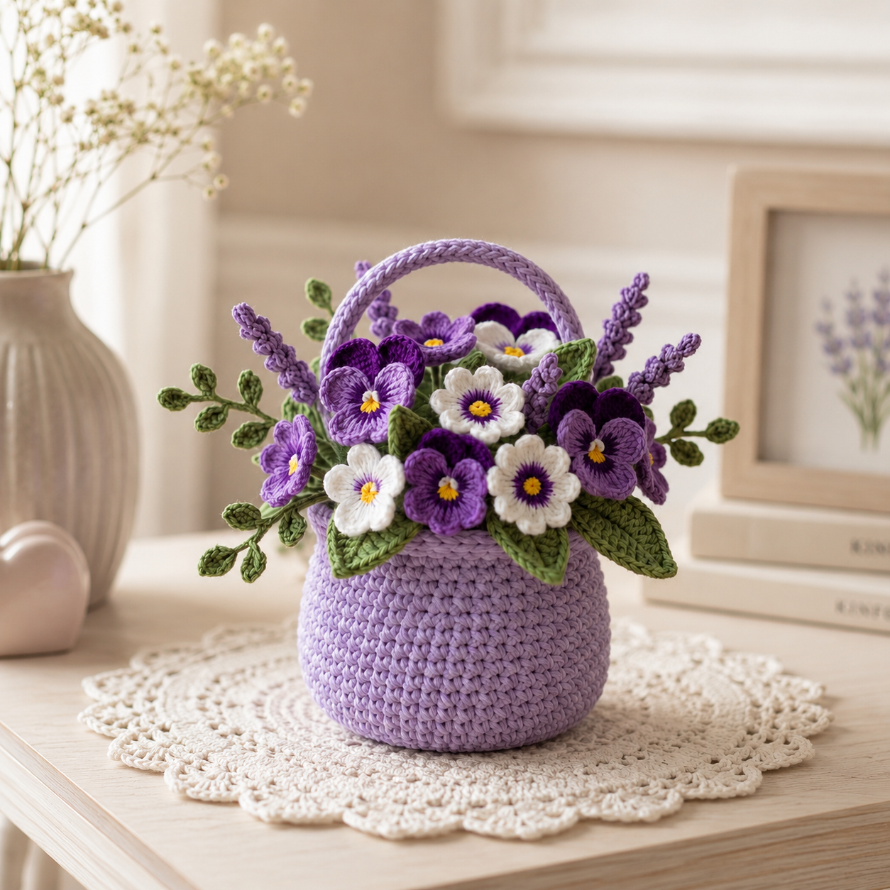 Crochet Pansy Flower Pot, Handmade Floral Desk Decor, Gift for Her