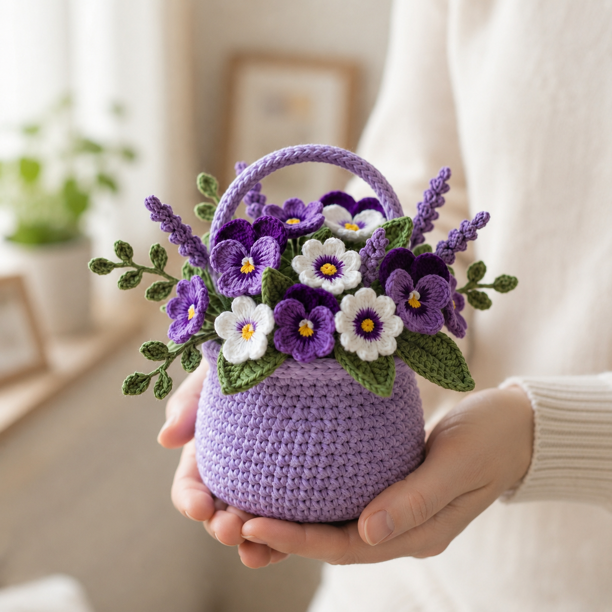 Crochet Pansy Flower Pot, Handmade Floral Desk Decor, Gift for Her