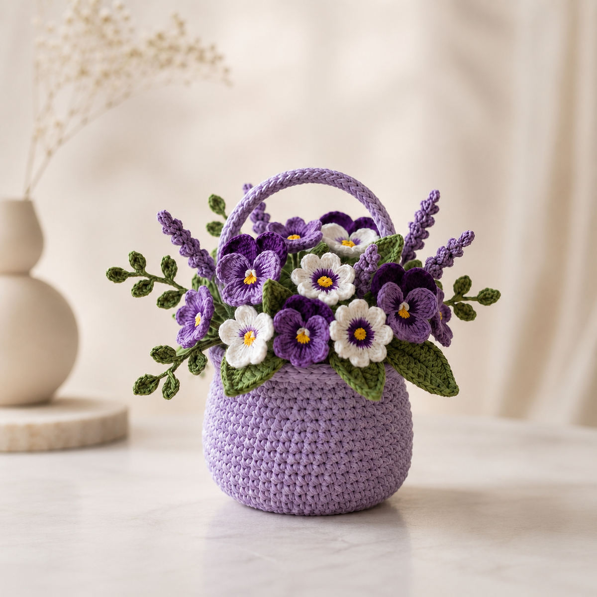Crochet Pansy Flower Pot, Handmade Floral Desk Decor, Gift for Her