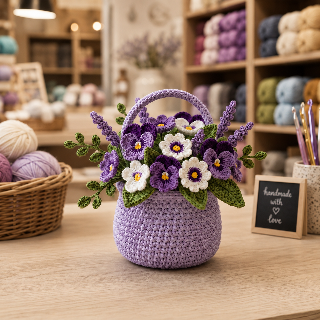 Crochet Pansy Flower Pot, Handmade Floral Desk Decor, Gift for Her