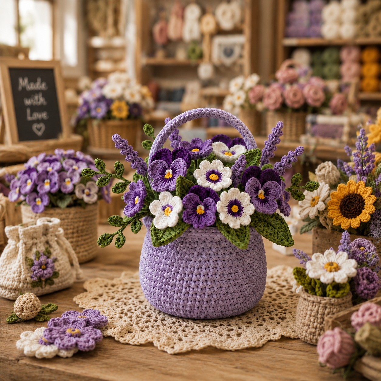 Crochet Pansy Flower Pot, Handmade Floral Desk Decor, Gift for Her