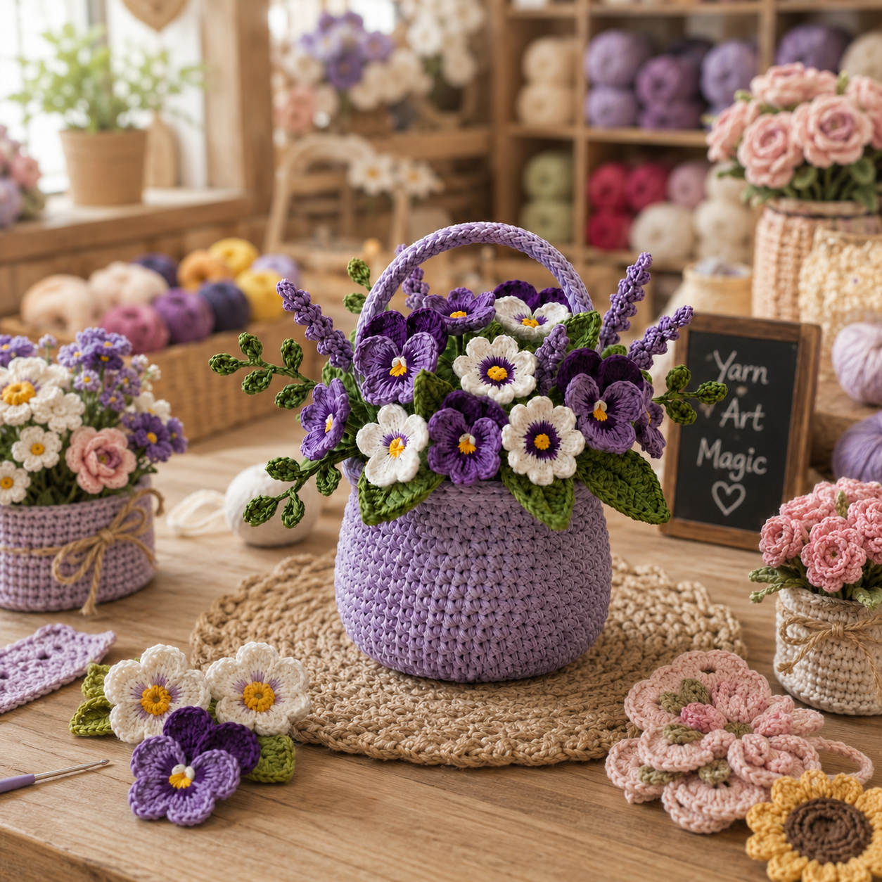 Crochet Pansy Flower Pot, Handmade Floral Desk Decor, Gift for Her