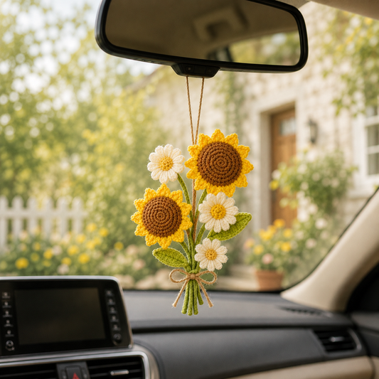 Crochet Sunflower Car Hanging – Handmade Daisy Rearview Mirror Bouquet